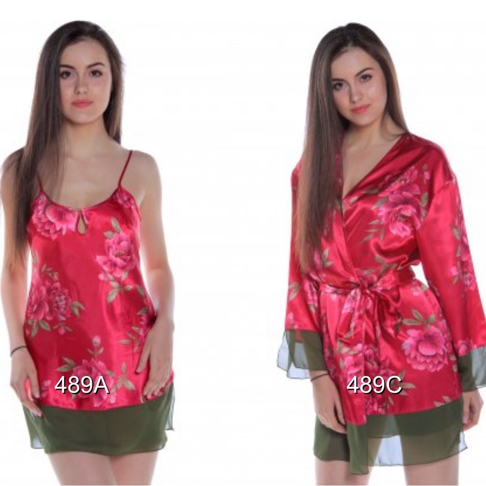 Red Floral Charmeuse with chiffon hem. Chemises and matching short robe